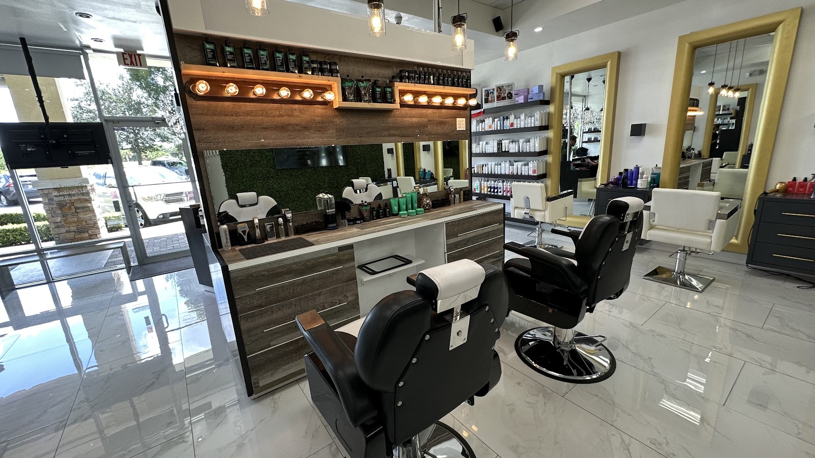 Treatment station and barber chairs in the salon interior
